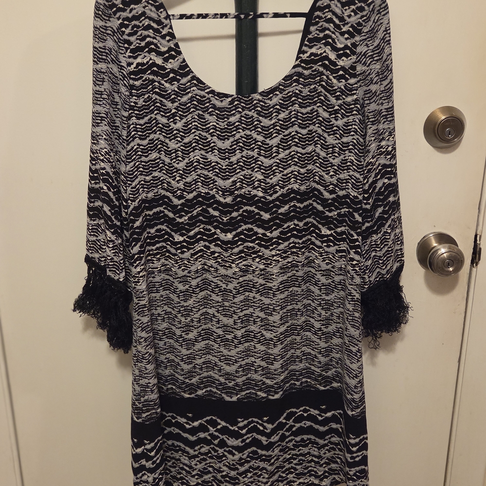 Karen Kane Black White Fringe Sleeve Tunic Top Size S